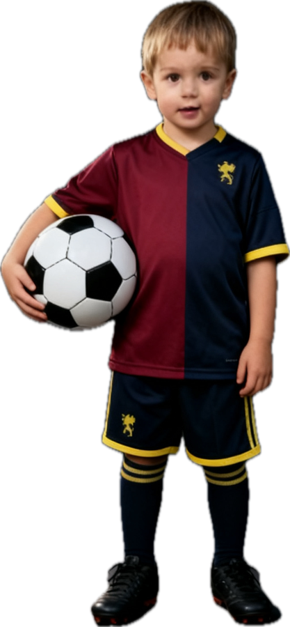 A young Genoa Academy player in the rossoblù kit, holding a football